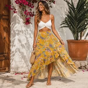 Tropical Floral Maxi Skirt Womens M Yellow Faux Wrap Tiered Ruffles Summer NWT